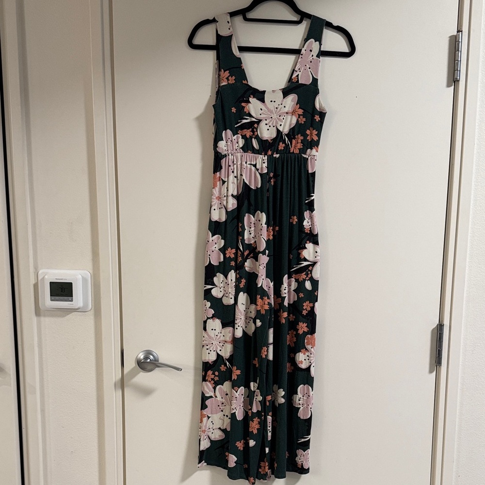 Always A Line Dark Green Romper With Cherry Blossom Flowers